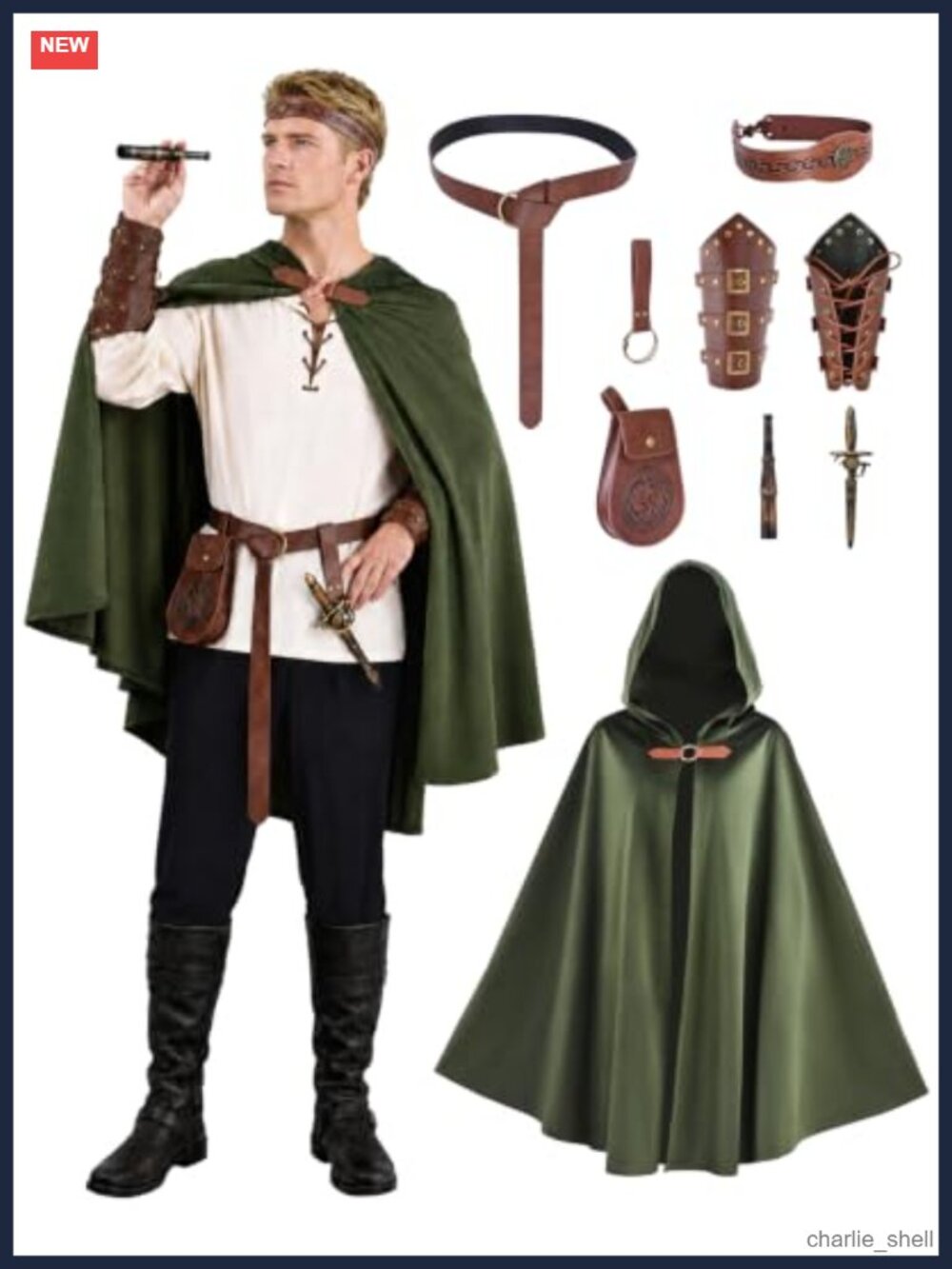 Men's 9 Pc Renaissance Costume Hooded Cloak Medieval Accessories Set